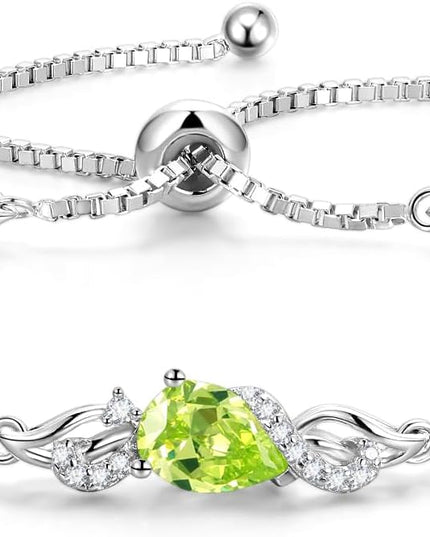 FANCIME Birthstone Teardrop Tennis Bracelet for Women, Sterling Silver 9x7mm main Gemstone Bolo Adjustable Chain Bracelet Fine Jewelry Birthday Gifts for Women Mom Wife Her