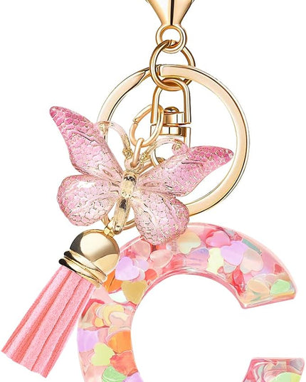 Fashion Alphabet Initial Letter Keychain Tassel Butterfly Pendant Key Ring for Purse Handbags Women Girl
