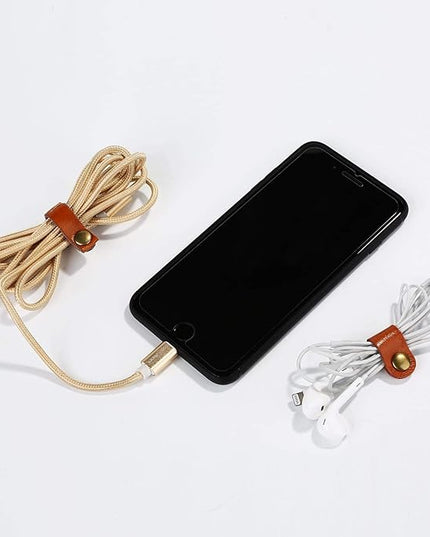 10 Pcs Cord Organizer, Portable Leather Cable Cord Stocking Stuffers for Men USB Straps Earphone Winder with Leather Handmade (Brown/white)