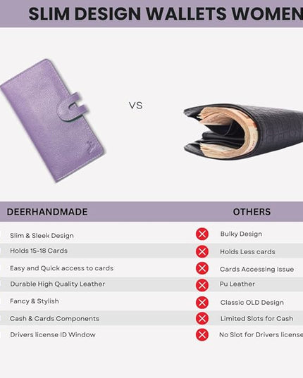 DEERHANDMADE womens wallet (Holds 15-18 Cards, 4 Flat Pockets, 1 ID Windows) Genuine Leather clutch purses for women | Slim long wallets for women | rfid blocking wallet (purple wallet)
