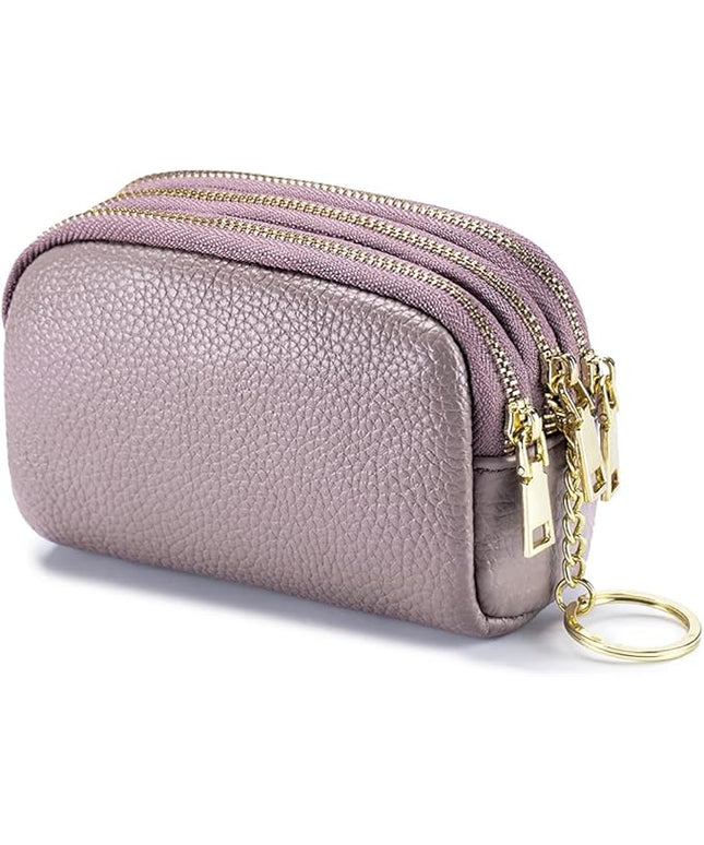 LINNO 3 Zippered Genuine Leather Coin Purse Triple Capacity Change Pouch Little Travel Wallet With Key Ring for Women