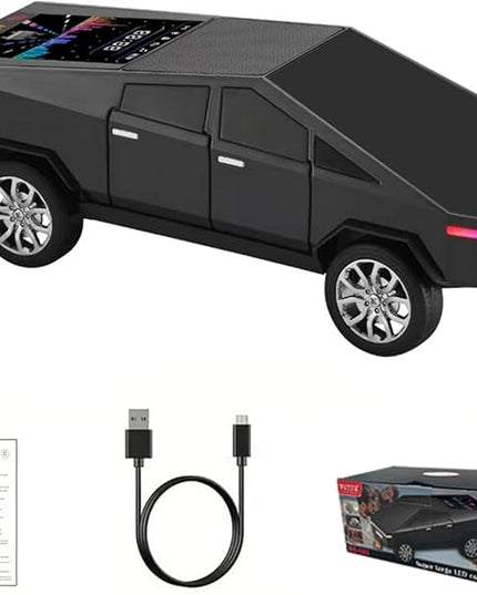 Futuristic Shapes Truck Bluetooth Speaker with LED Display Screen – TWS Stereo, FM Radio, USB/TF Playback, LED Headlights, Built-in Mic, Gift for Car Lovers, Model Collectors & Tech Fans (Black)