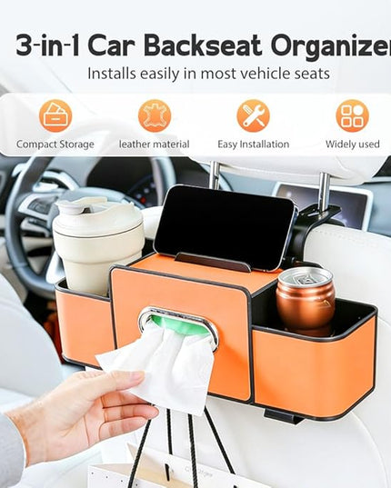 Multifunctional Car Seat Back Storage Box, 2026 New Seat Back Bag, Car Seat Tissue Box and Storage Box with 2 Cup Holders, Universal Back Seat Car Organizer for Organizer (Black)
