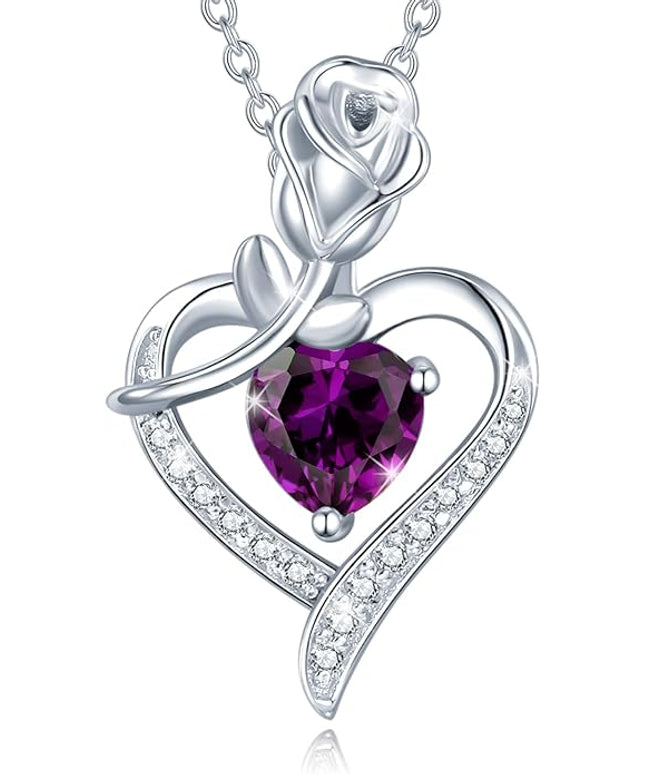 AGVANA Christmas Gifts Rosy Reverie Birthstone Necklace for Women Sterling Silver Genuine or Created Gemstone Rose Flower Heart Pendant Necklace Anniversary Birthday Gifts for Women Mom Wife Her