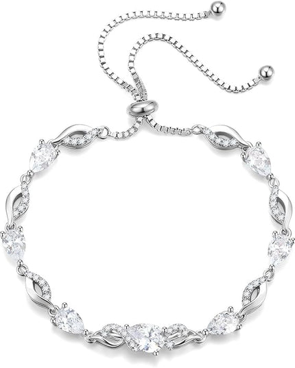 FANCIME Birthstone Teardrop Tennis Bracelet for Women, Sterling Silver 9x7mm main Gemstone Bolo Adjustable Chain Bracelet Fine Jewelry Birthday Gifts for Women Mom Wife Her
