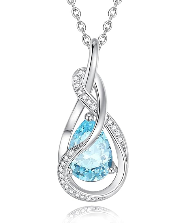 FANCIME TimelessTie Birthstone Necklace for Women White Gold Plated Sterling Silver Ribbon Design Jewelry Knot Pendant Fine Jewelry Gemstone Birthday Graduation Anniversary Christmas Gifts for Women Wife Mother Her