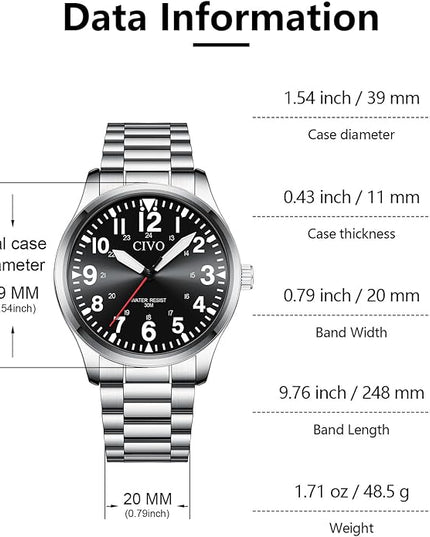 CIVO Analog Wrist Watches for Men: Waterproof Stainless Steel Mens Watches - Silver Watch with Easy Read Dial Men's Watch for Gift