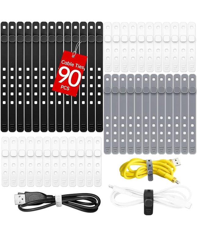 AROIC 90Pcs Silicone Cable Ties with 3 Sizes,Reusable and Washable with Adjustable Locking Buckle Design, Cord Organizer for Home, Office, Travel Essential, School (3 Colors)