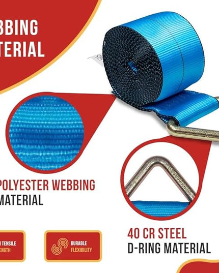 Mytee Products 10 Pack Winch Straps 4" x 30' Blue Heavy Duty Tie Down w/Delta Ring WLL# 5400 lbs | 4 Inch Cargo Control for Flatbed Truck Utility Trailer