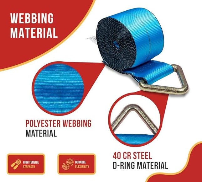 Mytee Products 10 Pack Winch Straps 4" x 30' Blue Heavy Duty Tie Down w/Delta Ring WLL# 5400 lbs | 4 Inch Cargo Control for Flatbed Truck Utility Trailer