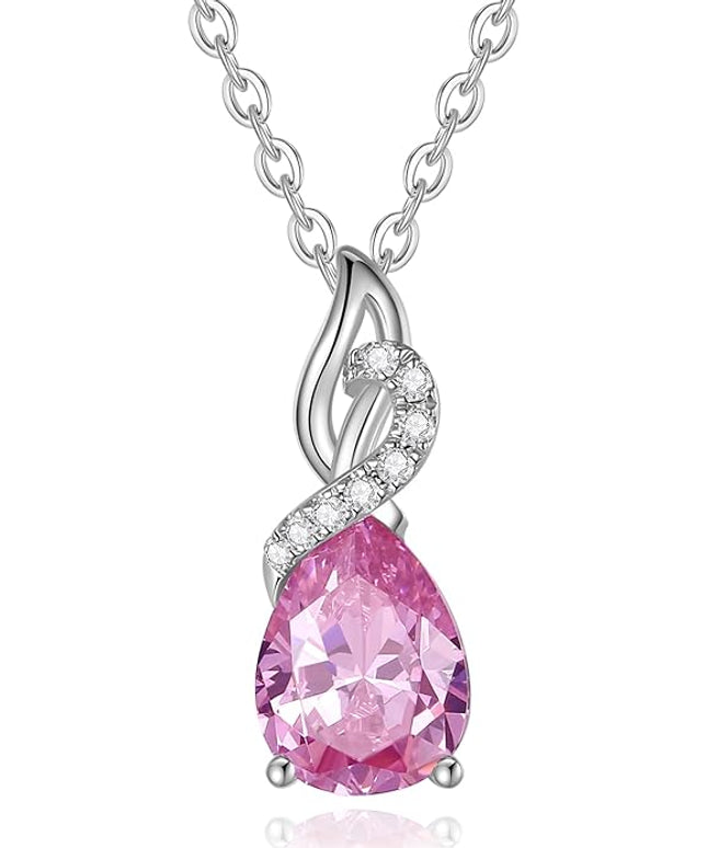FANCIME 14K Solid White Gold Teardrop Pendant with Diamond Birthstone Necklace