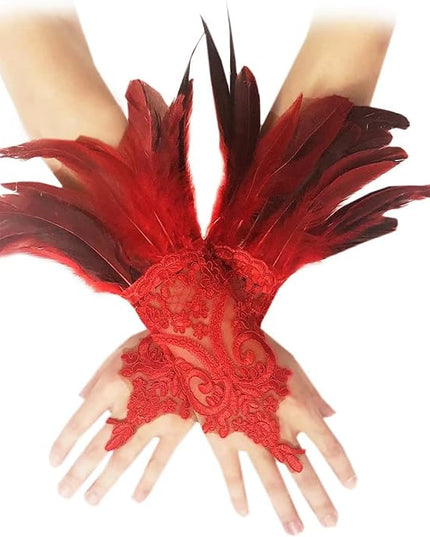 Women's Long Gothic Lace Gloves Feather Fingerless Gloves Stretch Wrist Cuffs for Wedding Party Halloween