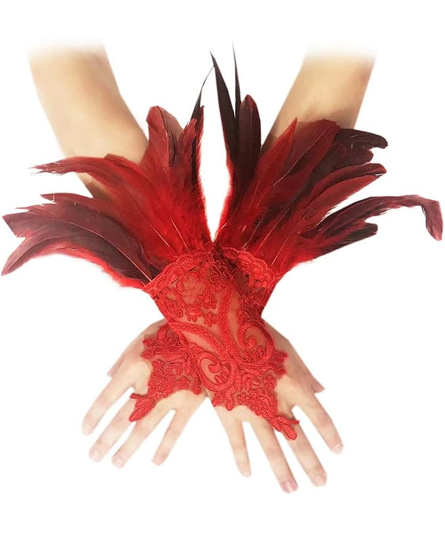 Women's Long Gothic Lace Gloves Feather Fingerless Gloves Stretch Wrist Cuffs for Wedding Party Halloween