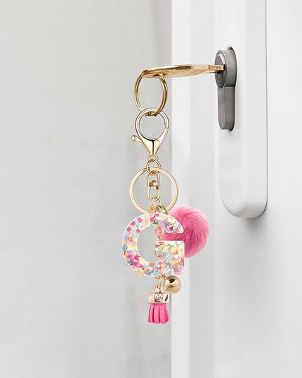 Resin Alphabet Initial Letter Keychain Keyring for Women Purse Handbags With Fur Ball Pom