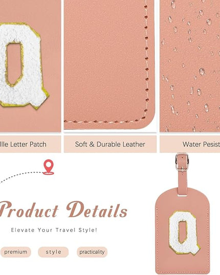 Initial Passport Cover Holder and Luggage tag Set,PU Leather Passport Case Travel Suitcase Tag with Letter Patch, Personalized Travel Luggage Accessories Gifts for Women Grils Teenage Pink Letter N