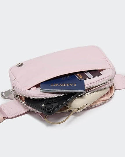 Pander Everywhere Belt Bag for Women, 5 Zipper Pockets Nylon Crossbody Fanny Pack Purse (Pink).