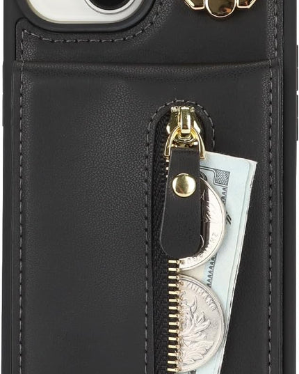 for iPhone 15 Wallet Case with Card Holder, for iPhone 15 Case Wallet with Strap Credit Card Slot, Crossbody Bag with Zipper Case for iPhone15 - Black