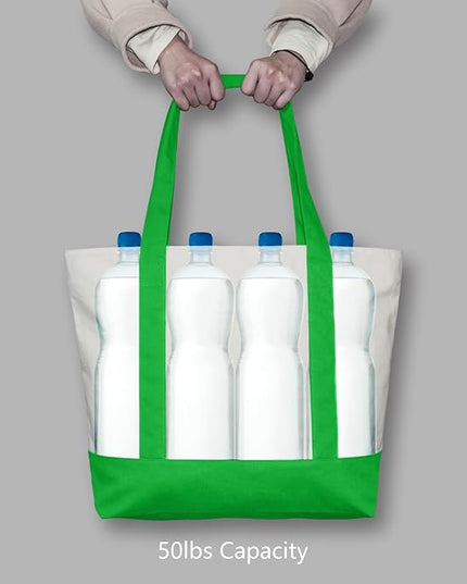 TOPDesign 3-Pack Canvas Tote Bags with an External Pocket, Reusable Grocery Shopping Bags, Top Zipper Closure, Daily Essentials (Lime Green/Natural)
