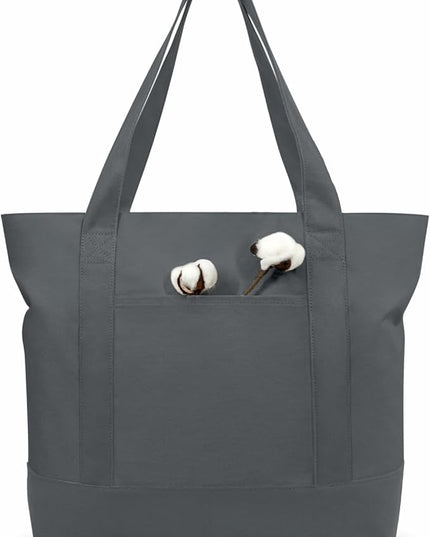 TOPDesign 1-Pack Canvas Tote Bag with an External Pocket, Reusable Grocery Shopping Bag, Top Zipper Closure, Daily Essentials (Grey)