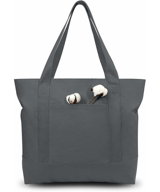 TOPDesign 6-Pack Canvas Tote Bags with an External Pocket, Reusable Grocery Shopping Bags, Top Zipper Closure, Daily Essentials (Grey)