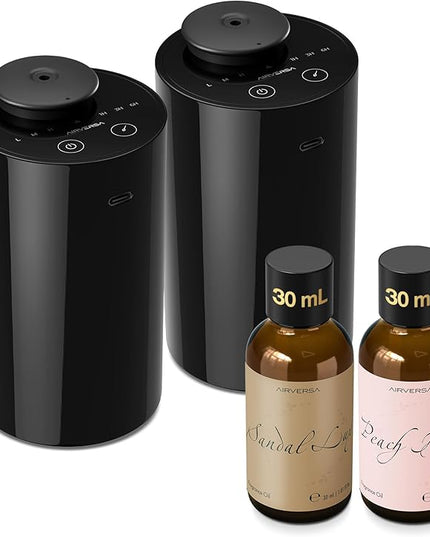 Airversa Waterless Essential Oil Diffuser Starter Kit with 2 x 30mL Fragrance Oil, Battery Operated Mini Scent Air Machine Portable Diffuser for Home Car Office Room, Black AN6 2 Packs Kit