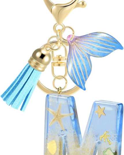Initial letter Keychains for Women, Ocean Series Avowing Protect Earth Environment, Tassel Cute Car Keychain Initial Key Chain Keyring for Bookbag Handbag Backpack Charm Key Ring Unisex (Letter M)