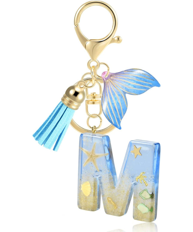 Initial letter Keychains for Women, Ocean Series Avowing Protect Earth Environment, Tassel Cute Car Keychain Initial Key Chain Keyring for Bookbag Handbag Backpack Charm Key Ring Unisex (Letter M)