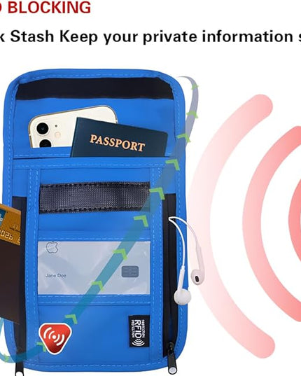 Travel Neck Wallet with RFID Blocking – Passport Holder Organizer Neck Pouch – Portable Easy to Conceal Travel Pouch (PVC Blue)