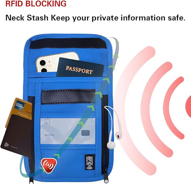 Travel Neck Wallet with RFID Blocking – Passport Holder Organizer Neck Pouch – Portable Easy to Conceal Travel Pouch (PVC Blue)