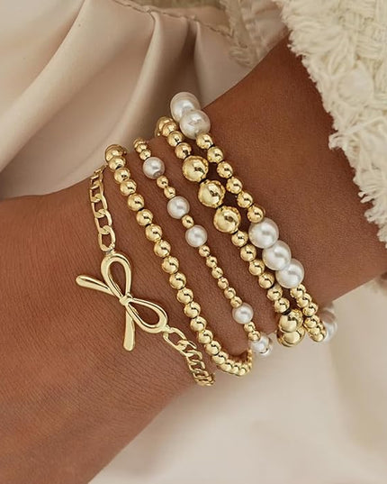 Gold Beaded Bracelets for Women, 14K Real Gold Plated Jewelry for Women Dainty Pearl Bead Bracelets Stack, Non Tarnish Trendy Stackable Ball Cross Stretch Bracelet Set Fashion Accessories Gifts