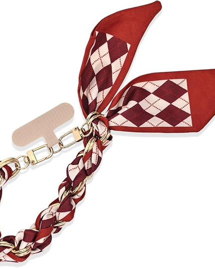 Fycyko Phone Wrist Strap with Gold Metal Scarf and Universal Tether Tab, Aesthetic Print Design Ribbon Chain, Multi-Purpose Accessories for Bag Key Cellphone for Men Women Girls-Red Checkerboard