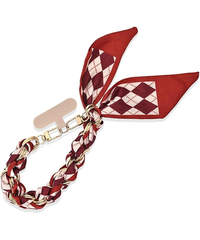 Fycyko Phone Wrist Strap with Gold Metal Scarf and Universal Tether Tab, Aesthetic Print Design Ribbon Chain, Multi-Purpose Accessories for Bag Key Cellphone for Men Women Girls-Red Checkerboard