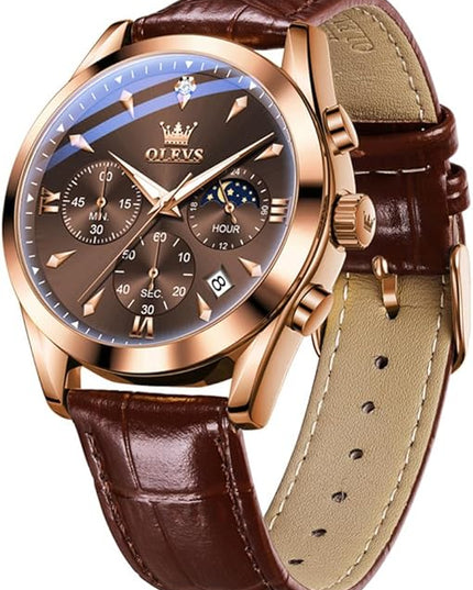 OLEVS Men's Watches Leather Strap Analog Quartz Watch, Fashion Big Dial Date Waterproof Watch, Dress Luxury Luminous Men Watches