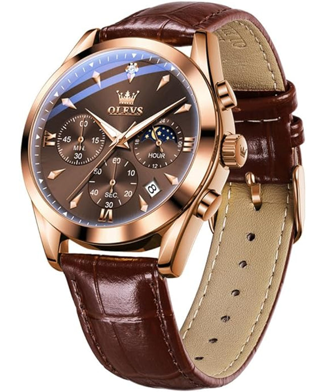 OLEVS Men's Watches Leather Strap Analog Quartz Watch, Fashion Big Dial Date Waterproof Watch, Dress Luxury Luminous Men Watches