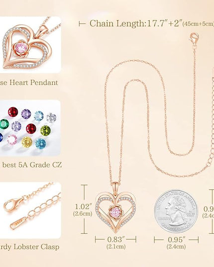 CDE Christmas Gifts for Women S925 Silver Rose Gold Heart Birthstone Necklaces for Women，Ideal Anniversary or Birthday Jewelry Gifts for Wife Girlfriend Her