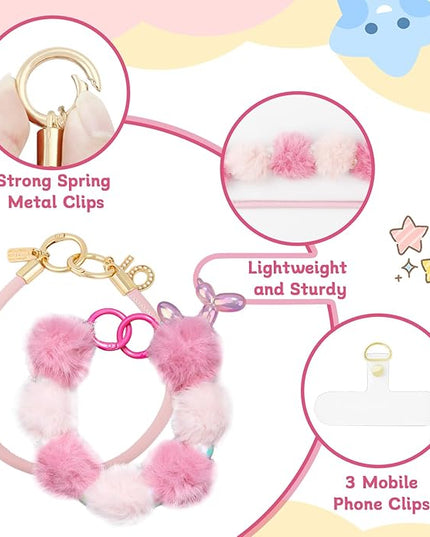2 Pcs Phone Charm Wrist Strap with Tether Tab, Double Anti Lost Fluff Ball Beaded Wrist Lanyard, Detachable Leather Phone Charms for Bag, Key Chains, Camera Decor