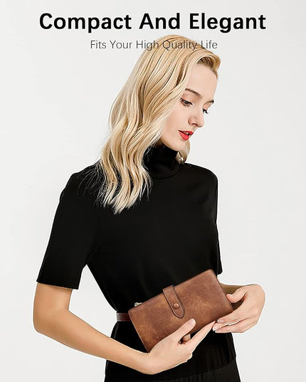 BOSTANTEN Womens Leather Wallets RFID Blocking Large Capacity Trifold Card Holder Ladies Phone Clutch Grey Brown