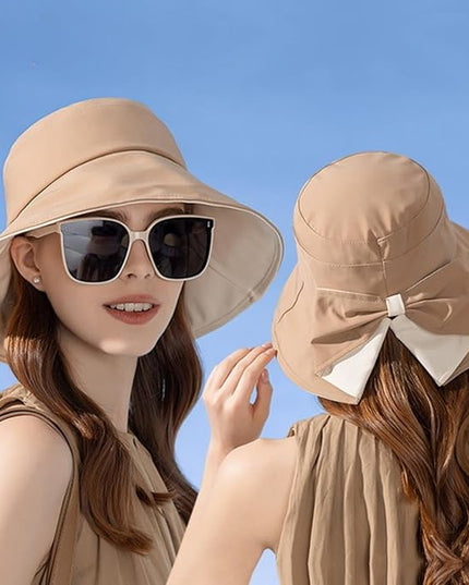 Womens Wide Brim Sun Hats UPF50+ UV Packable Beach Hat Summer Bow Decoration Bucket Cap for Travel