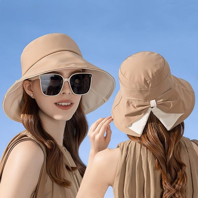 Womens Wide Brim Sun Hats UPF50+ UV Packable Beach Hat Summer Bow Decoration Bucket Cap for Travel
