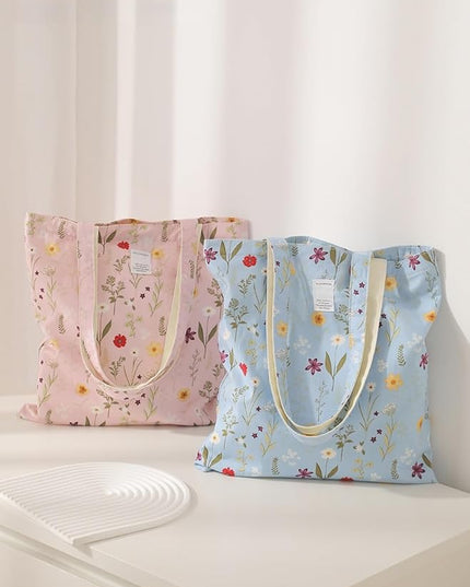 Floral Cotton Canvas Tote Bag for Women: 14x15 Inches Reusable Grocery Bag for Work, School, Travel, Gym