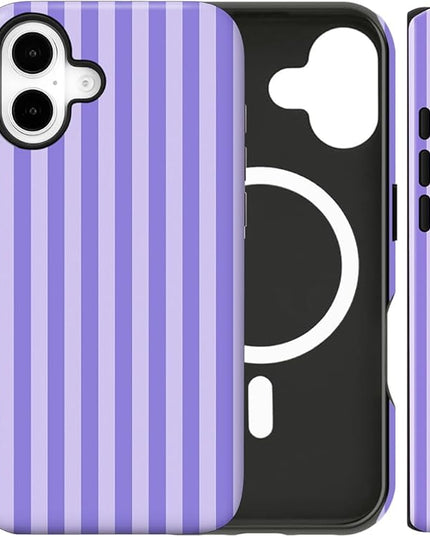 Magnetic for iPhone 16 Case Cute Stripes Phone Case, Shockproof Slim TPU and Hard PC Protective Phone Cover Compatible with MagSafe Designed for Women Girls, Light Purple