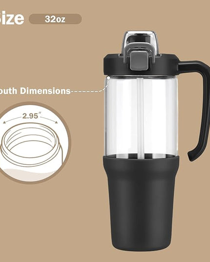 32oz Glass Water Bottle, 2-in-1 Straw and Sip Spout Lid, Leakproof Wide Mouth Tumbler with Handle, BPA-Free Reusable Bottle for Sports, Office, Outdoor, Black