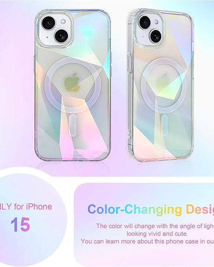 Cute Case for iPhone 15 Case for Women Girls [ Compatible with Magsafe ] Clear Glitter Girly Aesthetic Rainbow Sparkly Bling Magnetic Phone Cover, Iridescent Geometry