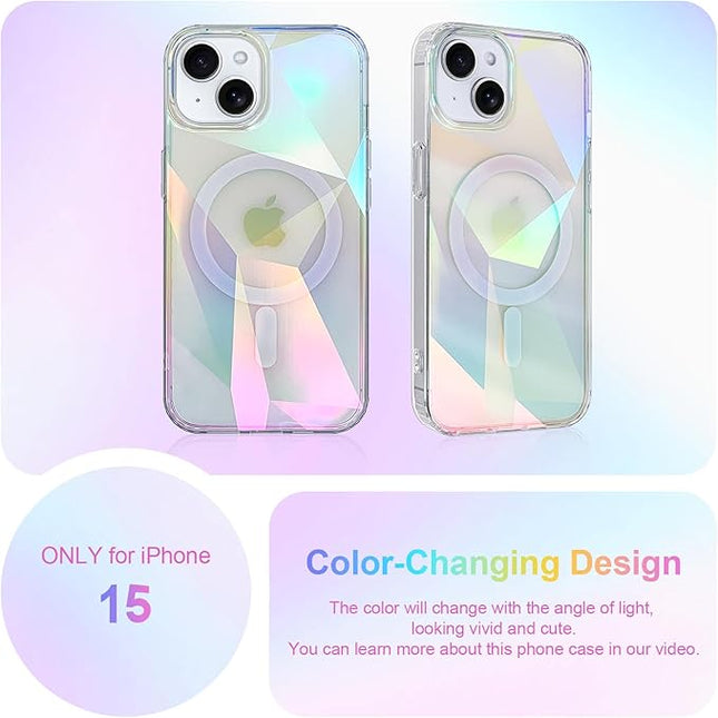 Cute Case for iPhone 15 Case for Women Girls [ Compatible with Magsafe ] Clear Glitter Girly Aesthetic Rainbow Sparkly Bling Magnetic Phone Cover, Iridescent Geometry