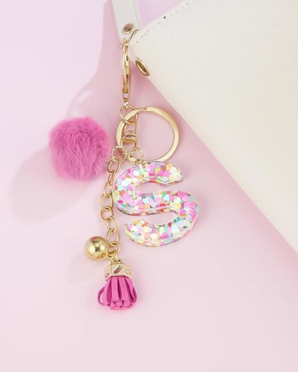 Resin Alphabet Initial Letter Keychain Keyring for Women Purse Handbags With Fur Ball Pom