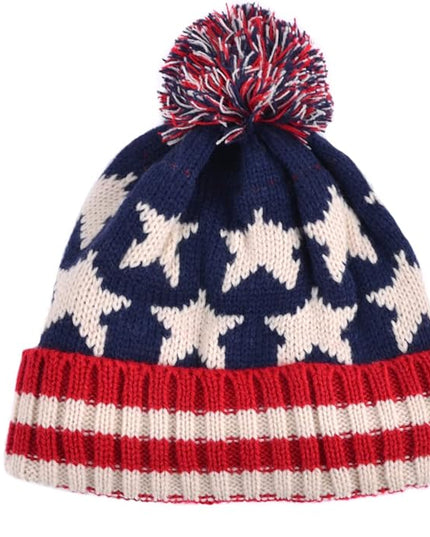 Parquet American Flag Knit Pom Beanie Ski Hat with Stars