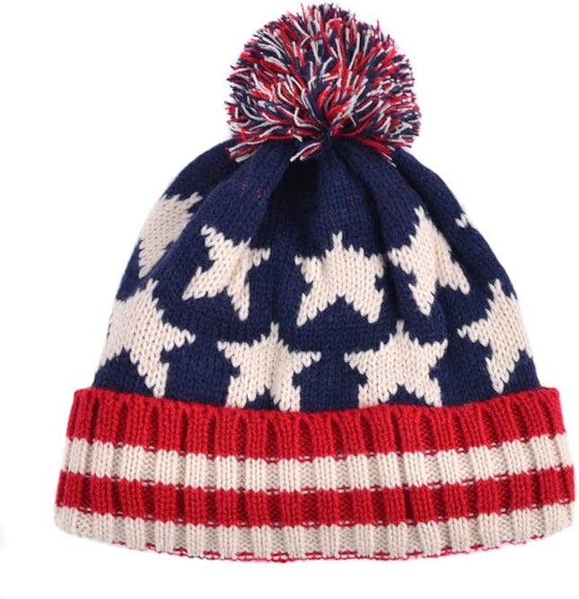Parquet American Flag Knit Pom Beanie Ski Hat with Stars