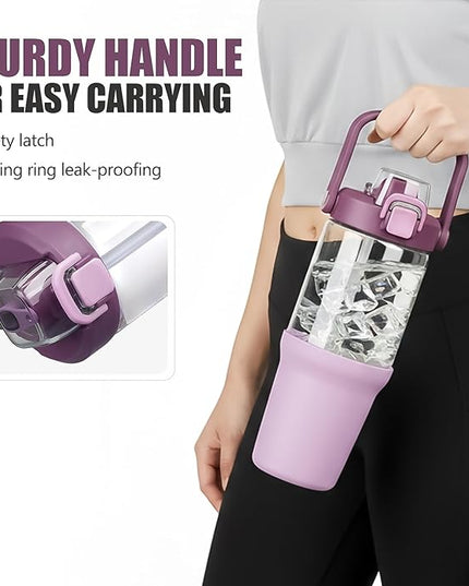 Glass Tumbler with Carry Handle, Clear Glass Water Bottle with Leakproof Lid, Spout Lid&Straw, BPA-Free, 32 oz, Lilac