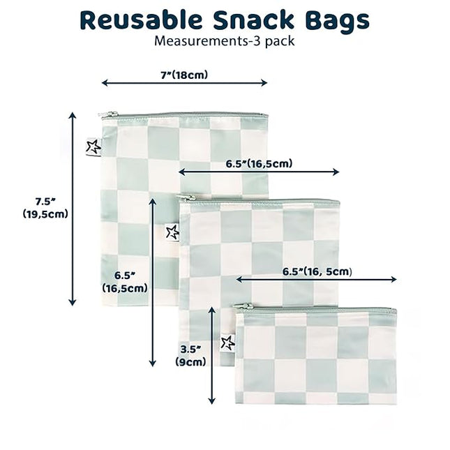 Tiny Twinkle Reusable Snack Bags for Kids – 3 Pack Snack Pouches & Sandwich Bag for Toddlers – Machine Washable, Mess-Proof for Lunch & Travel (Sage Checkers)