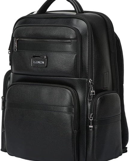 Durable Leather Laptop Business Backpack Perfect for Men & Women, Work Backpack Fits 15.6 Inch, Premium Quality Travel Bag with USB Charging Port, Water-Resistant, Bookbag with Multiple Pockets